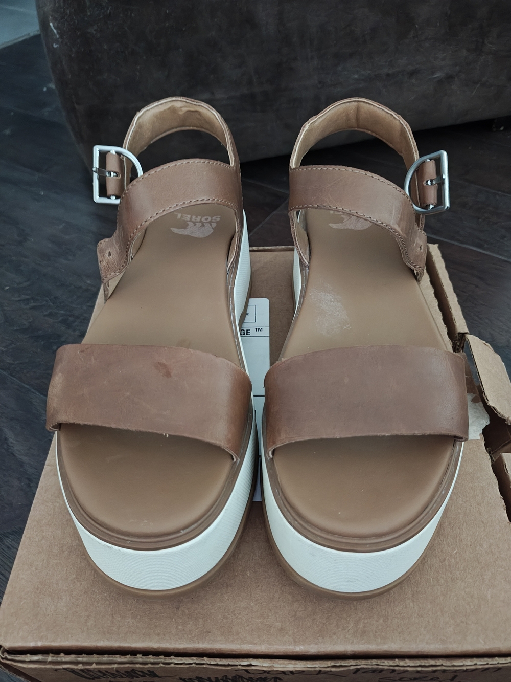 Sorel Brown Leather Platform Sandals with White Platform
